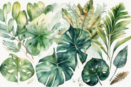 Watercolor tropical leaves background. Hand painted illustration of monstera leaves.の素材