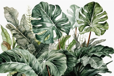 tropical leaves background. Watercolor illustration of monstera leaves.の素材