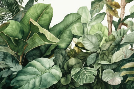 Tropical green leaves background. Watercolor hand drawn illustration.の素材