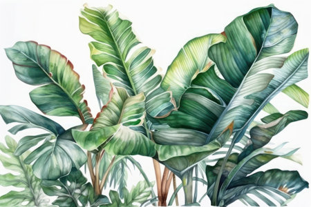 tropical leaves. watercolor illustration. Hand drawn botanical background.の素材
