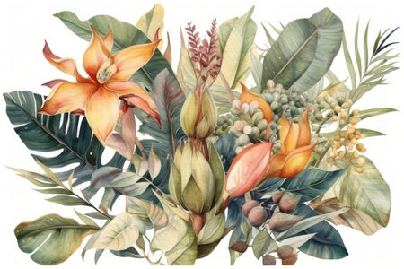 Beautiful bouquet of tropical flowers. hand drawn watercolor illustrationの素材