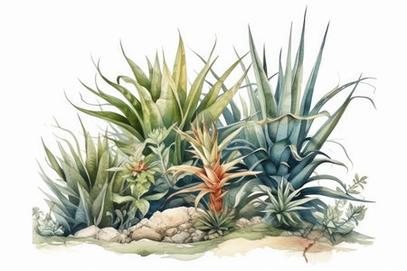 Watercolor illustration of succulents and aloe vera.の素材