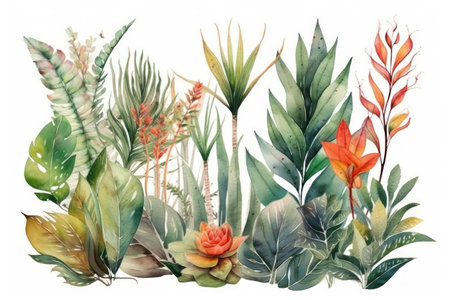 Watercolor tropical flowers and plants. hand painted illustration on white backgroundの素材