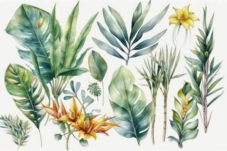 Watercolor set of tropical leaves and flowers. botanical illustration.の素材