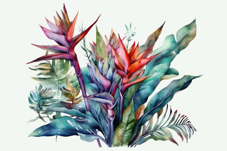 Watercolor illustration of tropical leaves and bird of paradise flowers. hand drawn on white backgroundの素材