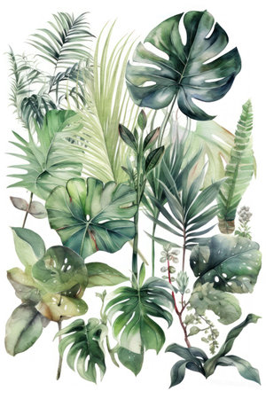 Watercolor illustration of tropical leaves and plants. hand drawn botanical illustrationの素材