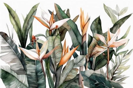 Watercolor tropical bouquet of strelitzia flowers. hand drawn illustrationの素材
