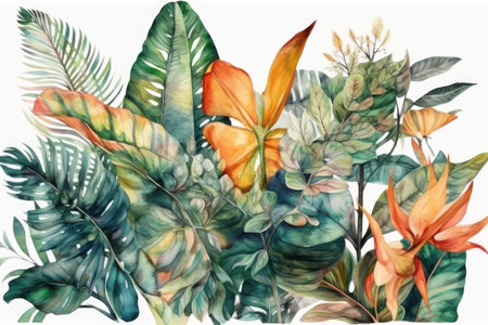Tropical flowers and leaves. hand painted watercolor illustration.の素材