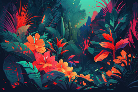 Tropical background with exotic plants and flowers. vector illustration.の素材