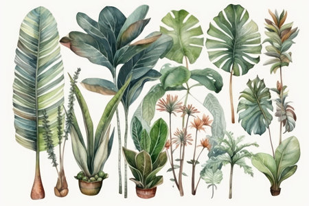 Watercolor hand drawn collection of tropical plants. hand drawn illustration.の素材