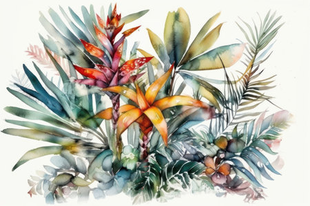 Watercolor illustration of tropical leaves and flowers. exotic background.の素材