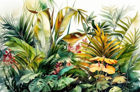 Watercolor painting of tropical leaves and flowers. hand drawn illustration.の素材