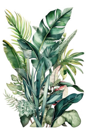 Watercolor tropical bouquet with palm, monstera, banana leaves. Hand painted illustration isolated on white backgroundの素材