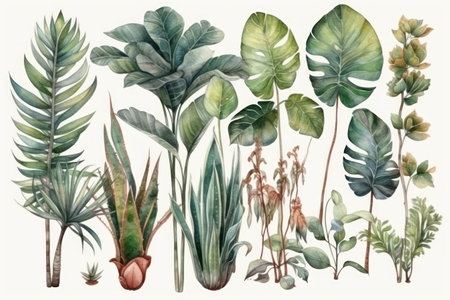 Watercolor illustration of tropical plants. hand drawn botanical illustration.の素材