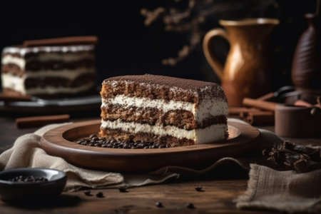 Tiramisu cake with coffee beans on a wooden background.の素材