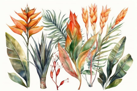 Hand drawn watercolor illustration of tropical flowers, leaves and branches.の素材