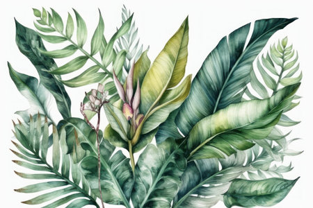 Watercolor illustration of tropical leaves and flowers on a white background.の素材