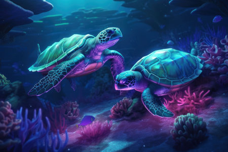 sea turtles in the ocean. underwater world. 3D renderingの素材