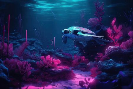 Turtle in the aquarium. underwater world. 3d renderingの素材