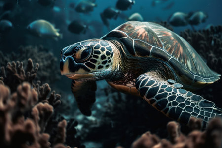 Green sea turtle swimming in the ocean. Underwater photo of marine animal.の素材