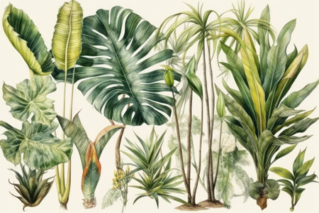 Watercolor illustration of tropical leaves. hand drawn botanical illustration.の素材