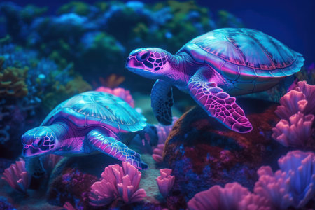 Sea turtle on coral reef. underwater world. 3d renderingの素材