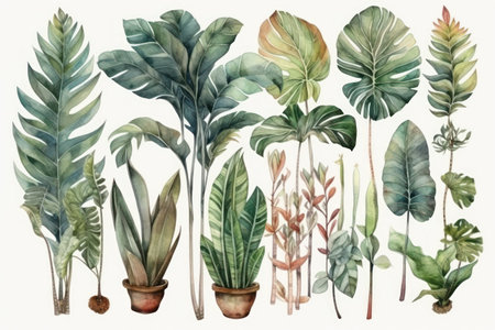 Watercolor illustration of tropical leaves and plants in pots. hand drawn botanical illustration.の素材