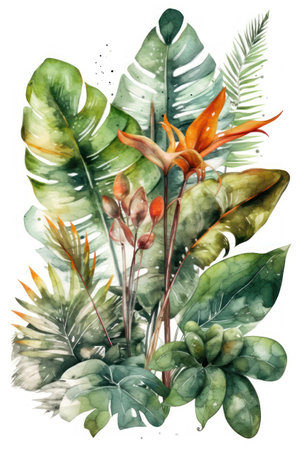 Watercolor tropical bouquet with strelitzia, bird of paradise and palm leavesの素材