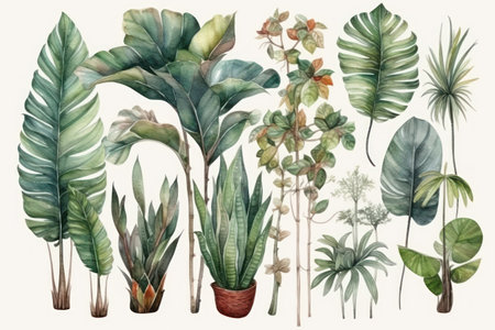 Watercolor illustration of tropical plants. hand drawn botanical illustration.の素材