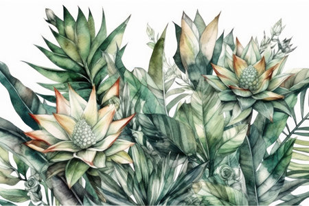 Watercolor floral background with succulent and leaves. hand drawn illustrationの素材