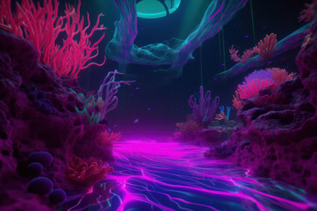 Underwater scene with corals and algae. 3d illustration.の素材