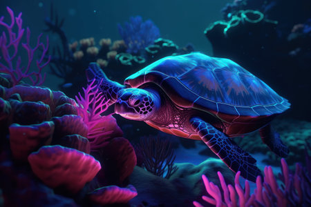 Sea turtle swimming in a coral reef. 3D rendering illustration.の素材