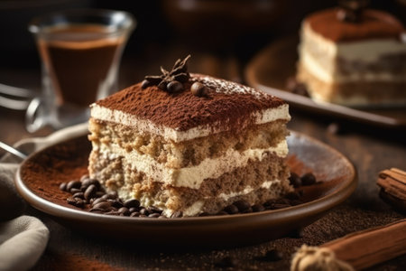 Tiramisu cake with coffee beans and cinnamon on wooden backgroundの素材