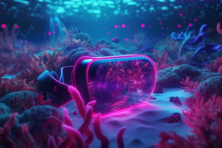 Underwater world with coral reef and a diving mask. 3d renderingの素材