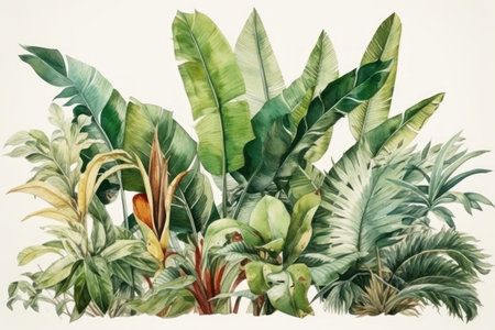 Watercolor painting of tropical palm trees and banana leaves on white backgroundの素材