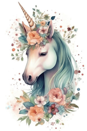 Watercolor illustration of a beautiful unicorn with long mane and flowers.の素材