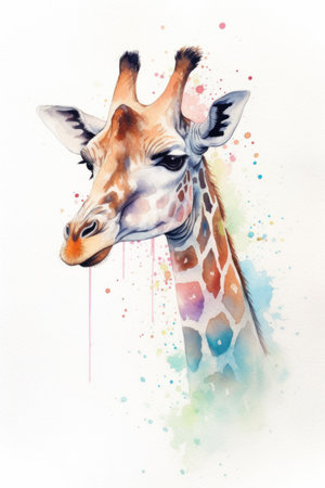Watercolor painting of a giraffe head on a white background.の素材