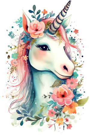 Unicorn with flowers, watercolor illustration isolated on white backgroundの素材