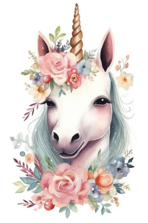 Watercolor unicorn head with flowers. Hand drawn illustration isolated on white backgroundの素材