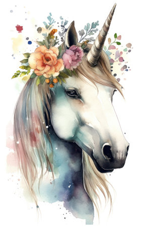 Unicorn flowers. Watercolor illustration isolated on white background.の素材