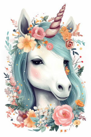 Watercolor unicorn portrait with flowers. hand drawn illustration on white backgroundの素材