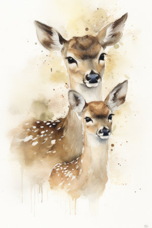 Watercolor illustration of a pair of fawns on a white backgroundの素材