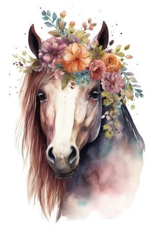 Watercolor portrait of a horse in a wreath of flowers.の素材