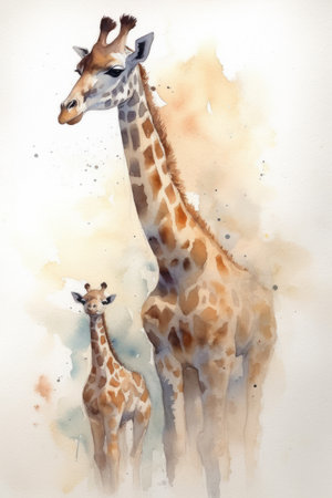 Watercolor illustration of a giraffe with a baby in its armsの素材
