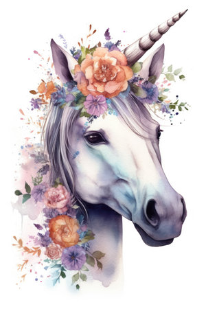 Watercolor unicorn flowers. Hand drawn illustration isolated on white backgroundの素材