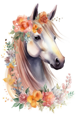 Beautiful portrait of a horse with flowers. watercolor illustration.の素材