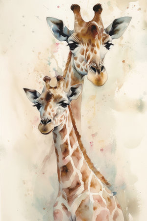 Giraffe watercolor painting, hand drawn illustration on paper backgroundの素材