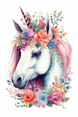 Watercolor unicorn flowers. Hand drawn illustration on white background.の素材