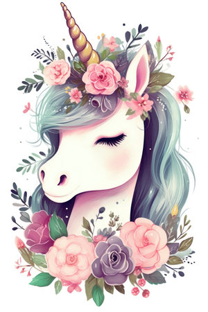 Unicorn flowers and leaves. hand drawn vector illustration.の素材