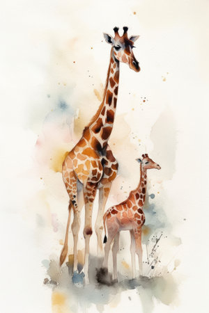 Watercolor illustration of a giraffe and baby Giraffa camelopardalisの素材